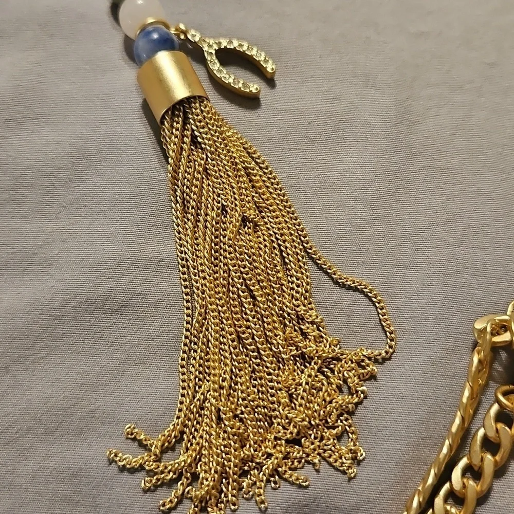 WHITE HOUSE BLACK MARKET Mixed Gemstone Wishbone Chain Tassel Pendant Necklace